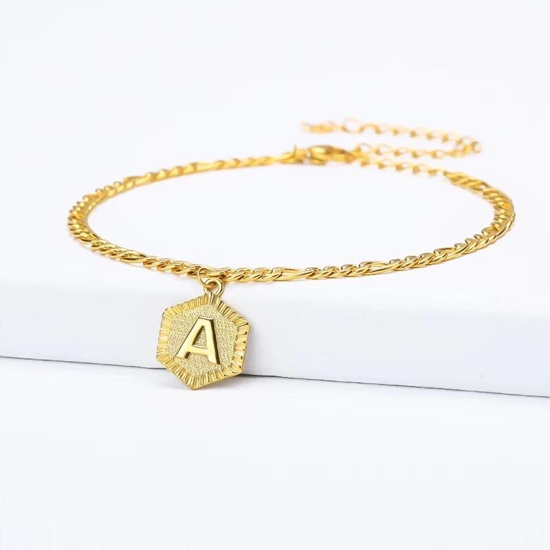 KetiSorelyDesigns Monogram Anklet with Double Chain - Swirly Monogram initials Charm (Order Any Initials) in Sterling Silver, Yellow Gold or Rose Gold